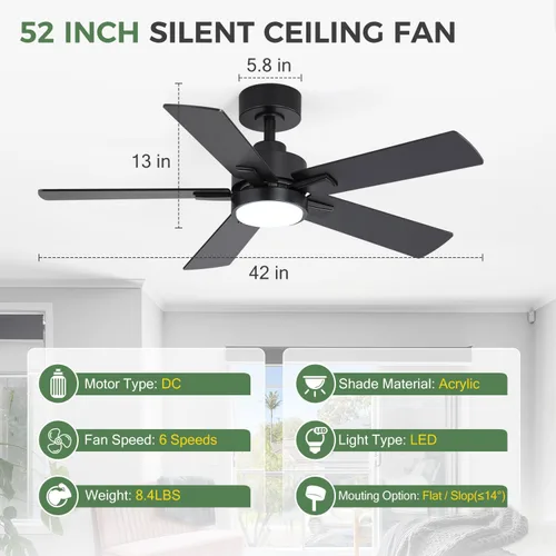 Vista 5 de Ventiladores de techo con luces LED, control remoto de ventilador de techo negro de 5 aspas de 42 pulgadas, ventilador de techo moderno con motor