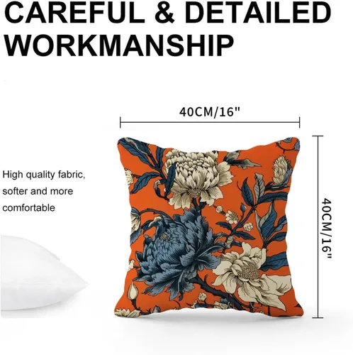Vista 3 de Funda de cojín con diseño de flores de caqui chinoiserie, color naranja, azul marino, peonía, funda de almohada cuadrada rústica para sofá