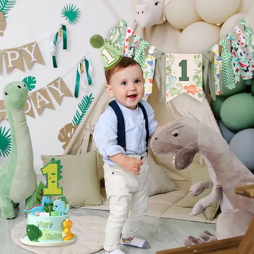 Vista 6 de Decoraciones de dinosaurio para el primer cumpleaños, cartel para silla alta para niño Dinosaurio Verde Uno