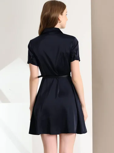 Vista 4 de Allegra K Vestido elegante de satén para mujer de manga corta con botones y cinturón, M