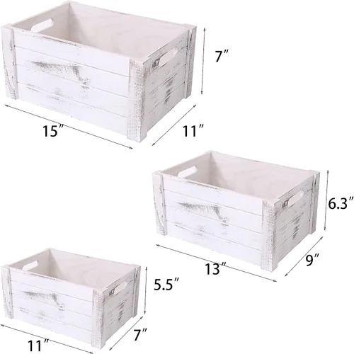Vista 11 de Cajas modernas de madera blanca para almacenamiento, cajas decorativas rústicas, juego de 3 cajas de almacenamiento de madera extra grandes
