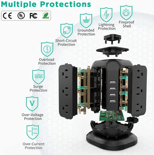 Vista 7 de Torre de tira de alimentación con cable de 16.4 pies, protector de sobretensiones con 12 tomas de CA y 4 puertos USB, cable de extensión de estación