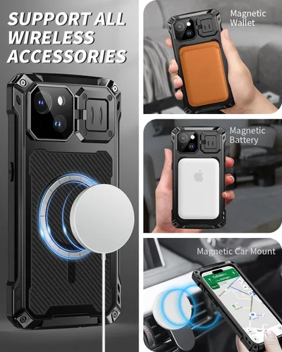 Vista 3 de Lanhiem Funda magnética de metal para iPhone 14, soporte de cámara integrado y protector de pantalla de cristal, resistente a prueba de golpes