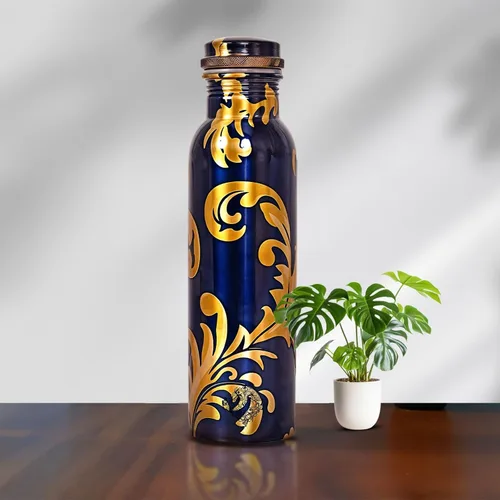 Vista 13 de ALV - Botella de agua de cobre de 34 onzas, botella de cobre puro martillado para beber, recipiente ayurvédico 100% para botella de tapa a prueba
