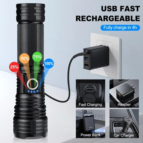 Vista 3 de Linternas Recargables de Alto Lumen, Paquete de 2 Linterna LED Súper Brillante de 99000 Lúmenes con 5 Modos e Impermeable, Carga Rápida USB Linterna