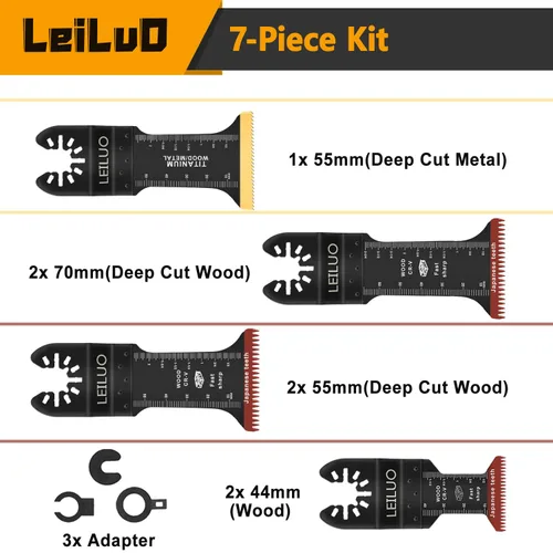 Vista 2 de LEILUO 7 hojas de sierra oscilantes universales extra largas de dientes japoneses y titanio multiherramienta para madera con clavos, cuchillas