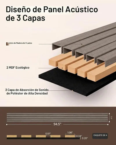 Vista 5 de Paneles de pared de listones de madera acústica – Paquete de 4 paneles de pared de 94.5 x 7.9 pulgadas con reducción de ruido y absorción de sonido