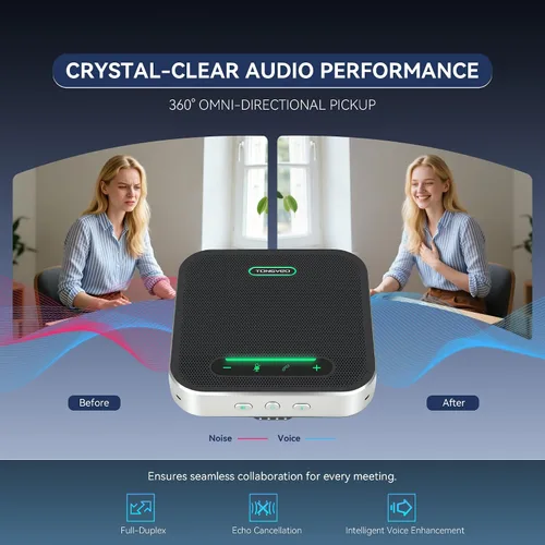 Vista 5 de TONGVEO Altavoz de conferencia Bluetooth con micrófono, AI Cancelación de ruido USB/Altavoz inalámbrico para PC, 4 micrófonos 360 ° de captación