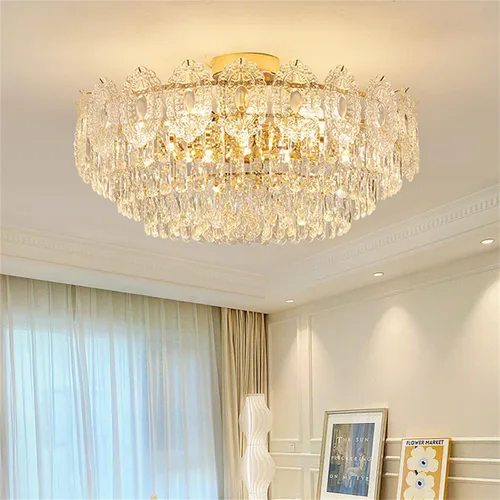 Vista 8 de Modern Gold Chandeliers Lighting, Creative Cloud Glass Pendant Ceiling Fixture Lamp, D55cm Round Crystal Glass Chandelier, 9-Light, Applicable to