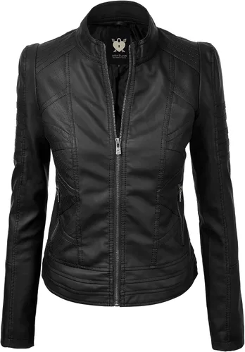 Vista 35 de Lock and Love Chaqueta Abrigo de Moto Motociclista de Piel Sintética para Mujer con Capucha Extraíble o No Extraíble Wjc1044_negro