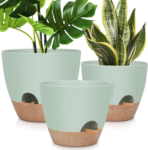 Vista 10 de YNNICO Macetas de 10/9/8/7.5/7 pulgadas, macetas de riego automático con agujeros de drenaje y platillos para plantas de interior y exterior (negro)