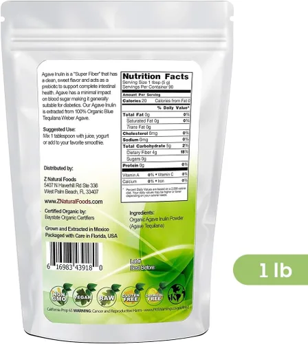 Vista 2 de Z Natural Foods Polvo de inulina de agave orgánico, suplemento de fibra natural, superalimento prebiótico en polvo para bebidas, batidos y recetas