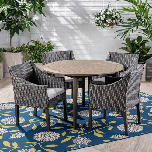 Vista 3 de Christopher Knight Home Shipp Outdoor - Juego de comedor de 5 piezas de madera y mimbre, acabado gris/plateado