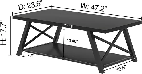Vista 2 de EXCEFUR Mesa de centro negra, moderna mesa central de madera y metal con estante de almacenamiento, mesa de té rectangular industrial para sala
