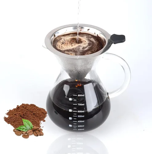 Vista 9 de T-mark Cafetera vertida con filtro reutilizable de acero inoxidable de doble capa, jarra de café de vidrio sin BPA de 13.5 fl oz/14oz, cafetera