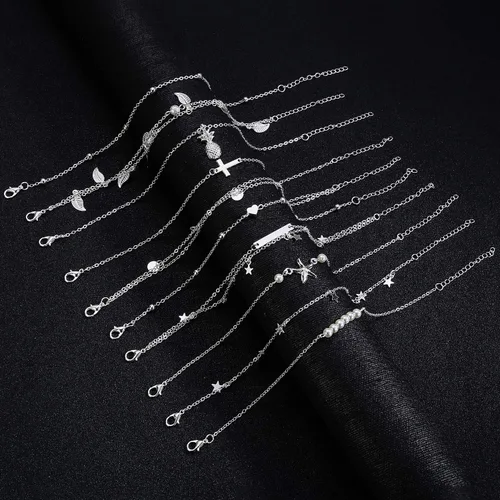 Vista 7 de KOHOTA Juego de 20 tobilleras para mujer, juego de tobilleras plateadas y doradas, estilo bohemio, cadena ajustable en capas, joyería para pies