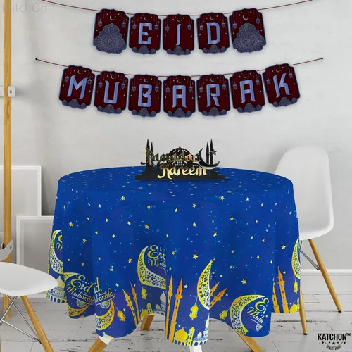 Vista 5 de KatchOn, Blue Eid Mubarak Mantel de 108 x 54 pulgadas, paquete de 3 manteles de Eid Mubarak para decoraciones de Eid para el hogar Decoraciones