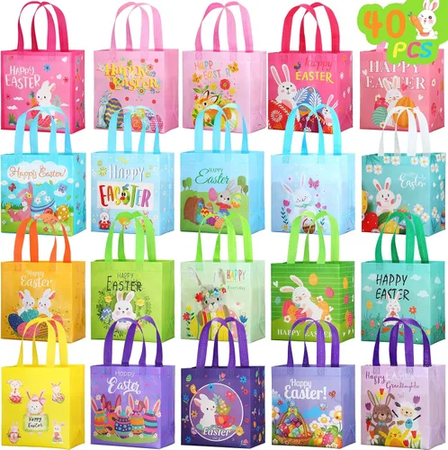 Vista 10 de Tudomro 20 bolsas de Pascua con asas, bolsas no tejidas de conejo, reutilizables, bolsa de compras de comestibles de Pascua, para cocina