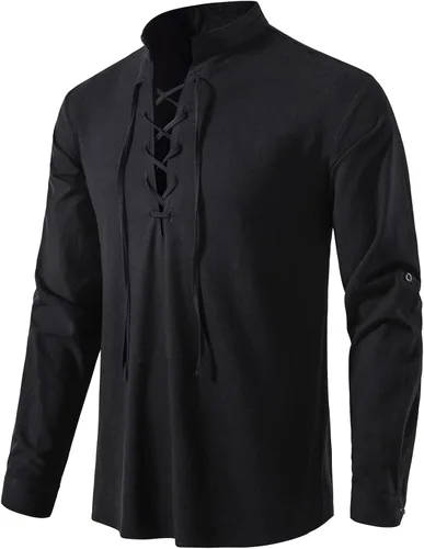 Vista 15 de LucMatton Camisa de manga larga para hombre, estilo retro, con cordones, medieval, renacentista, pirata, vikingo, steampunk, gótico, victoriano