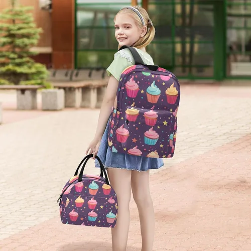 Vista 6 de Mochila de Halloween con diseño de calabaza y gato con lonchera, bolsas de libros de jardín de infantes para niños, Cupcakes en púrpura