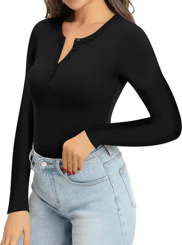 Vista 3 de MANGOPOP Body de manga larga para mujer, con botones, cuello en V, acanalado, camiseta