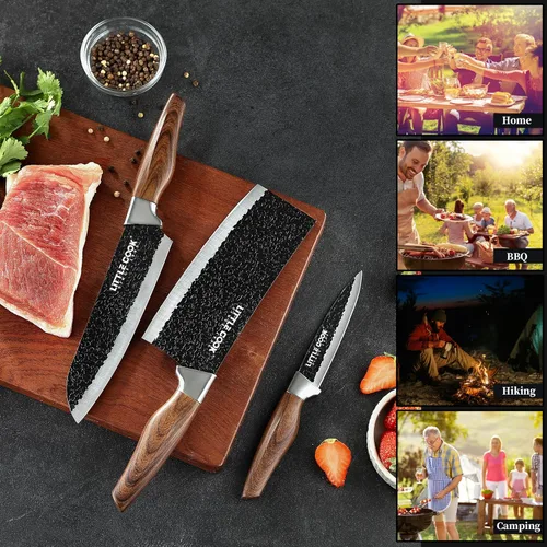 Vista 7 de 3 piezas de cuchillo de chef, juego de cuchillos de chef Little Cook, incluye cuchillo de chef de 7 pulgadas, cuchillo de carnicero de 7 pulgadas