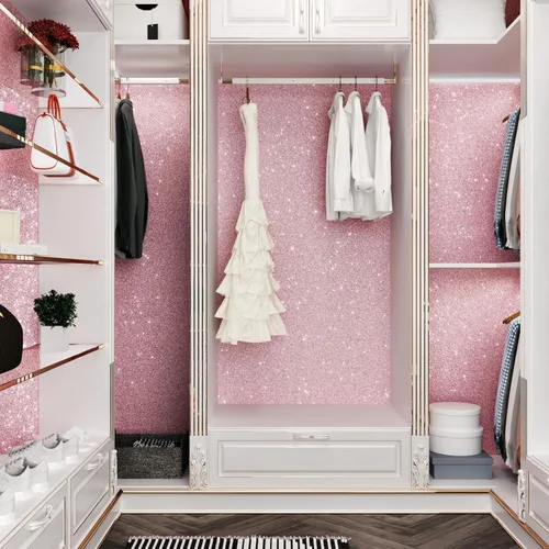 Vista 3 de Papel tapiz rosa con purpurina para despegar y pegar para dormitorio de niña, papel de contacto con purpurina brillante, papel de contacto moderno
