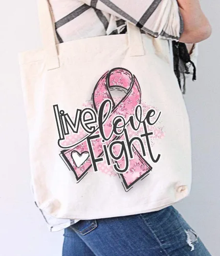 Vista 2 de Live, Love, Fight Breast Cancer Awareness Reusable Grocery Bag - Canvas Tote Bag, 12 Ounce Heavy Natural Canvas bag 17 34" W x 15 34" H x 6 14" D