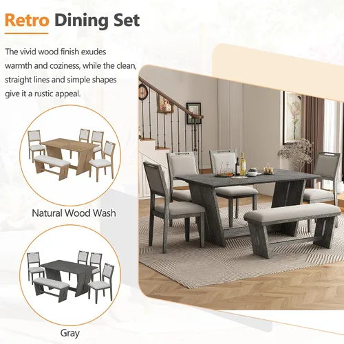 Vista 7 de Merax Juego de comedor retro de 6 piezas, 1 mesa rectangular con base de mesa trapezoidal estable y 4 sillas tapizadas y 1 banco para comedor