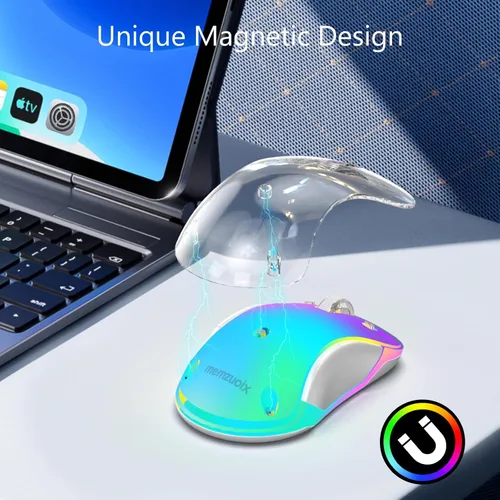 Vista 6 de memzuoix Mouse inalámbrico de 2.4G con cubierta personalizable y LED de 9 colores, ergonómico recargable, 1400 DPI, 5 botones, receptor USB para Azul