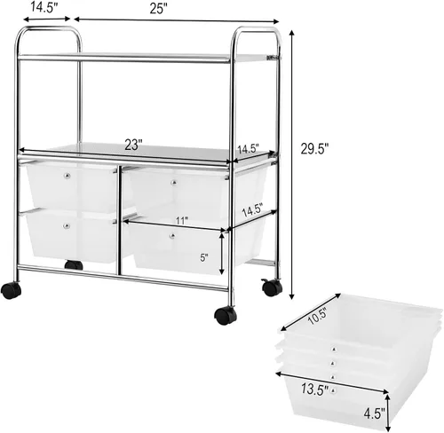 Vista 3 de RELAX4LIFE Carrito de almacenamiento rodante con 4 cajones y 2 estantes, organizador de archivos de papel con marco de metal para oficina en casa