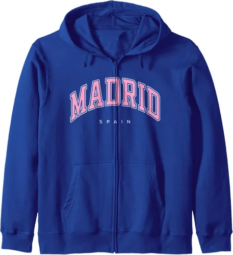 Vista 4 de Madrid España España Varsity Style Sudadera con capucha y texto rosa, Negro