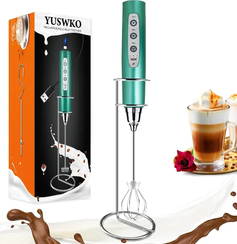 Vista 20 de YUSWKO Baby Blue - Varita espumadora de leche de mano para café, batidor eléctrico recargable con 3 cabezales, 3 velocidades, mezclador de bebidas