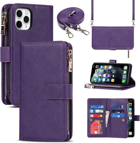 Vista 9 de Funda cruzada para iPhone 11 Pro Max con correa, 6.5 pulgadas, color negro for Women Men,Credit Card Holder,9 Card Slots,Purse,Long Shoulder