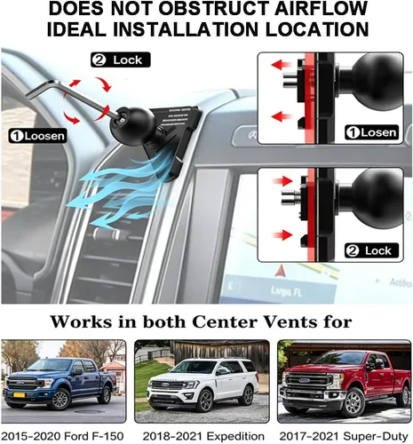 Vista 2 de Soporte de teléfono de ventilación de aluminio para vehículo Ford F150 (2015-2020) Expedition (2018-2021), Super Duty (2017-2021) 360° Rotation