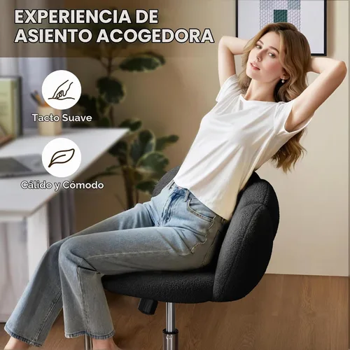 Vista 9 de Yaheetech Black Petal Boucle - Silla de escritorio para maquillaje con ruedas, giratoria, color negro