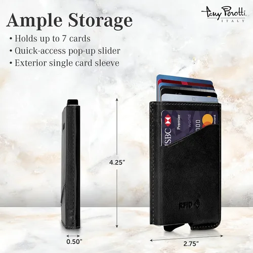 Vista 2 de Tony Perotti Billetera de piel italiana de acceso rápido para hombres, billetera RFID ultra delgada con deslizador de tarjeta desplegable y funda