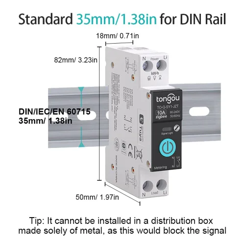 Vista 2 de TONGOU Interruptor inteligente ZigBee DIY 10A Interruptor para carril DIN 1P+N 90-240VAC Monitoreo de energía en tiempo real Control remoto