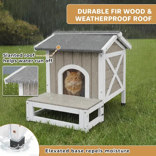 Vista 5 de Casa aislada para gatos al aire libre para invierno, refugio de madera resistente a la intemperie para gatos al aire libre y salvajes con puerta