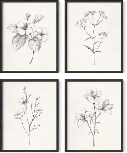 Vista 66 de HAUS AND HUES Arte de pared floral gris, juego de 4 pósteres de plantas para pared vintage, impresiones botánicas, cuadros de flores en blanco
