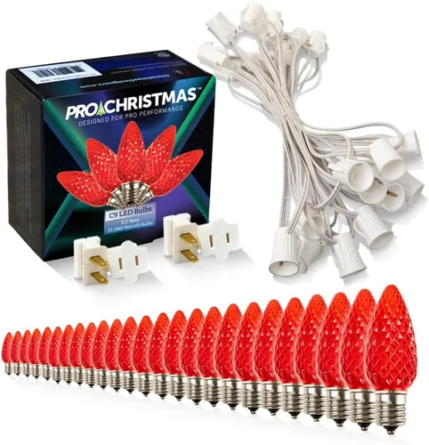 Vista 30 de Pro Christmas - Kit de luces C9 para exteriores, blanco cálido, cable verde, 50 bombillas, 50 pies