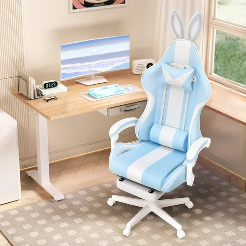 Vista 2 de Ferghana Kawaii - Silla de juegos azul claro con orejas de conejo, ergonómica y bonita silla para jugadores con reposapiés y masaje, silla