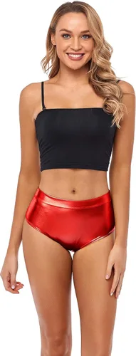 Vista 4 de Kepblom - Pantalones cortos metálicos de cintura alta para mujeres, brillantes y atrevidos para festivales y eventos