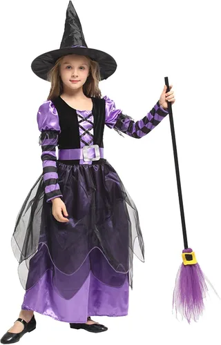 Vista 2 de KUJAIS Disfraz de bruja para niñas, disfraces de Halloween para niñas, niños, disfraz de bruja de cuento de hadas, conjunto de lujo