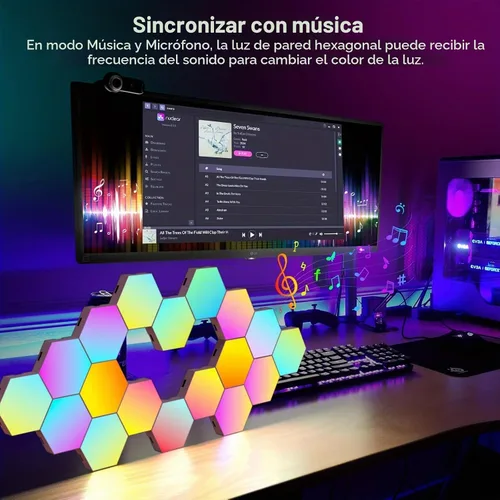 Vista 6 de ODISTAR Lámpara de pared hexagonal con control remoto, inteligente, sensible al tacto, geométrica, modular, RGB montada, luz colorida con Paquete