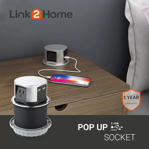 Vista 11 de Link2Home Paquete de 2 enchufes emergentes que ahorran espacio con USB, 3 tomas de corriente de 15 A, 2 puertos USB de 2.4 A de carga rápida
