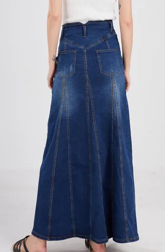 Vista 4 de CHARTOU Falda larga de mezclilla para mujer, estilo retro, con botones y vuelos a la cadera, acampanada