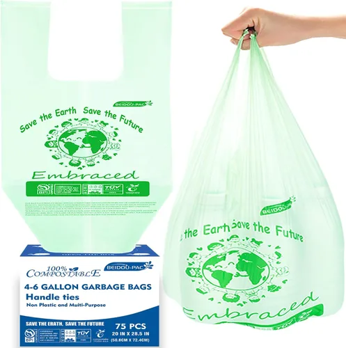 Vista 9 de BEIDOU-PAC Bolsas de basura compostables certificadas de 1.6 galones con asa, 125 bolsas de basura pequeñas de compost para cocina, bolsas de basura