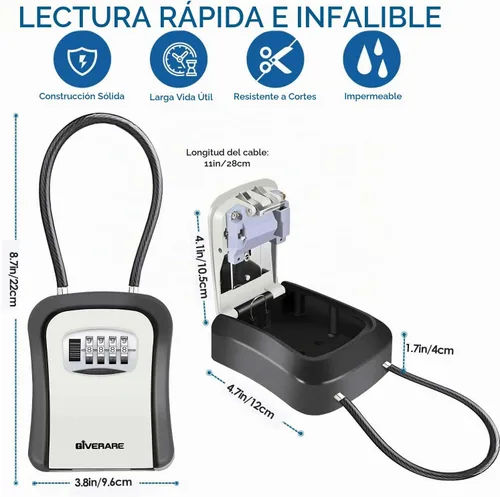 Vista 2 de Caja de bloqueo de llaves, cerradura de combinación de 4 dígitos, ocultador de llaves al aire libre impermeable con grillete removible y montaje
