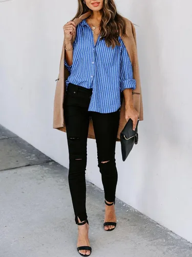 Vista 4 de Siliteelon - Camisas de botones para mujer, camisa de vestir a rayas de algodón, de manga larga, cuello con solapa, para oficina y trabajo